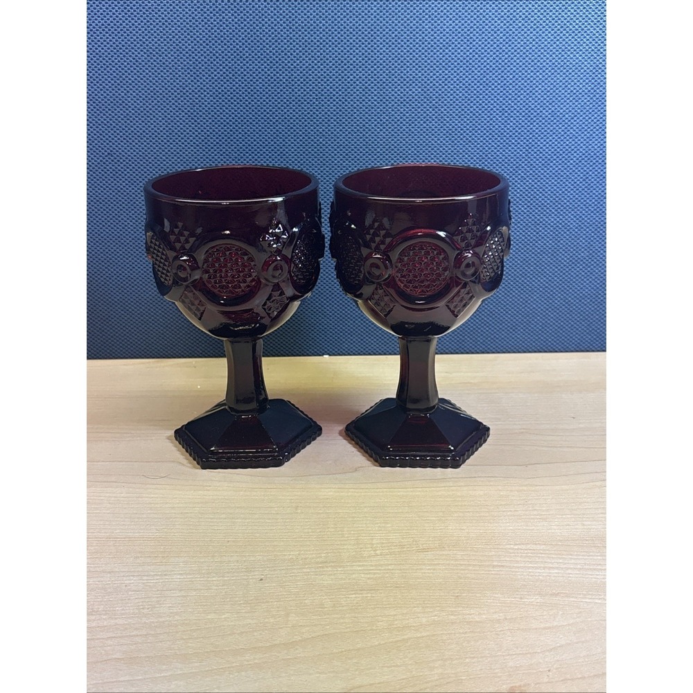 2 Vtg Avon Goblets Ruby Red Large Wine Water 6" Cape Code 1876 Gothic Victorian